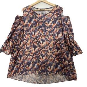 John Mark Top Womens XL Colorful Abstract Linen Cold Shoulder Artsy Sustainable